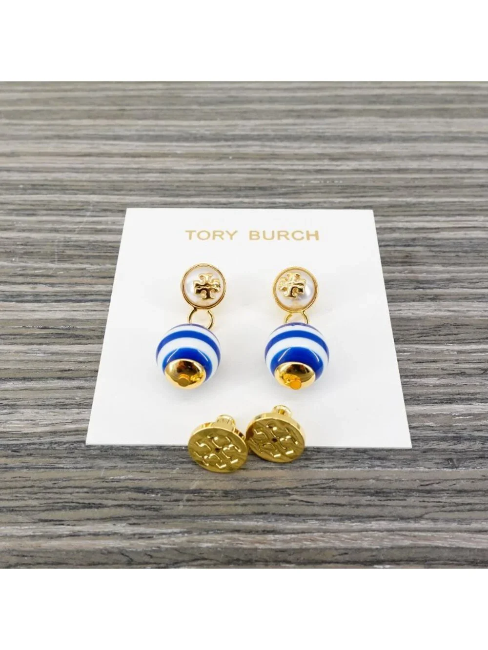 Tory Burch Saher Logo Drop Earrings Blue and White OS